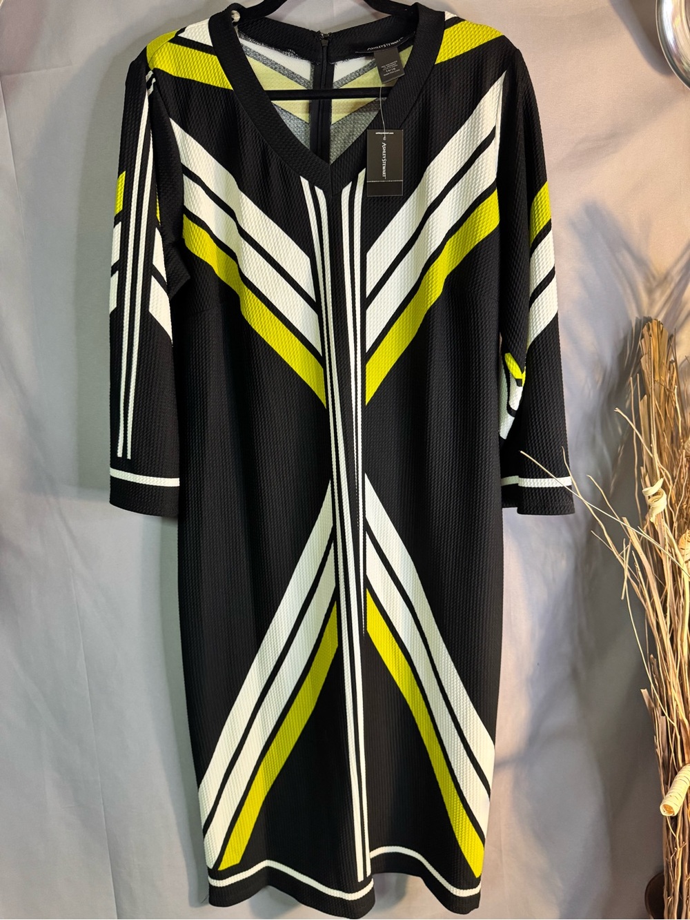 Ashley Stewart Black, White & Yellow Geometric Midi Dress